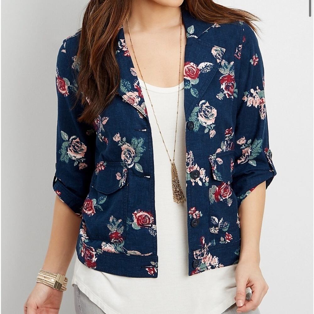 Maurice's Linen Blend Jacket Top Shacket Blue Rose Floral Size M Casual Office - Picture 2 of 15